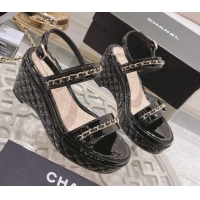 Grade Chanel Patent Leather Wedge Sandals with Chain 030451 Black