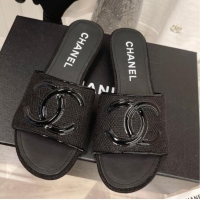 Best Quality Chanel Tweed Flat Slide Sandals Black 030512