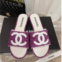 Top Grade Chanel Tweed Flat Slide Sandals 030515 Purple