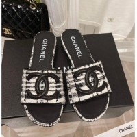 Perfect Chanel Tweed Flat Slide Sandals 030515 Black/White