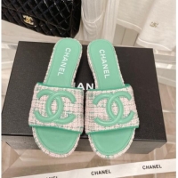 Sophisticated Chanel Tweed Flat Slide Sandals 030515 Green/Pink