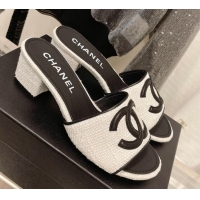 Fashion Chanel Tweed Medium Heel Slide Sandals 4.5cm 030528 Black/White