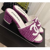 Grade Quality Chanel Tweed Medium Heel Slide Sandals 4.5cm 030528 Purple