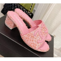 Stylish Chanel Tweed Medium Heel Slide Sandals 4.5cm 030528 Pink