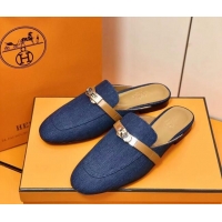 Sumptuous Hermes Oz Mule in Denim Canvas and Calfskin with Iconic Kelly Buckle Blue 0209061