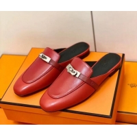 Unique Style Hermes Oz Mule in Smooth Calfskin with Iconic Kelly Buckle Deep Red 0209071