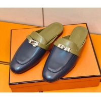 Good Quality Hermes Oz Mule in Smooth Calfskin with Iconic Kelly Buckle Khaki/Blue 0211062