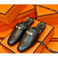 Stylish Hermes Oz Mule in Smooth Calfskin with Iconic Kelly Buckle Black 0212067