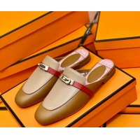 Luxury Hermes Oz Mule in Smooth Calfskin with Iconic Kelly Buckle 0214053 Brown/Khaki