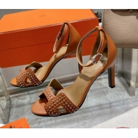 Fashion Hermes Premiere Studded Leather High Heel 9cm Sandals 216103 Brown