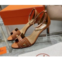 Discount Hermes Premiere Studded Leather Medium Heel 7cm Sandals 0216104 Brown