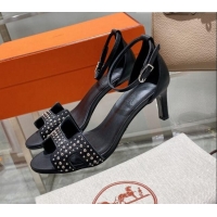 Grade Quality Hermes Premiere Studded Leather Medium Heel 7cm Sandals 0216110 Black