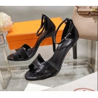 Best Grade Hermes Premiere Crocodile Embossed Leather High Heel 9cm Sandals 0216112 Black