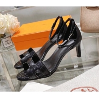 Top Design Hermes Premiere Crocodile Embossed Leather Medium Heel 7cm Sandals 0216113 Black