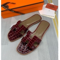 Shop Duplicate Hermes Oran Stone Embossed Leather Flat Slide Sandals 0216114 Burgundy