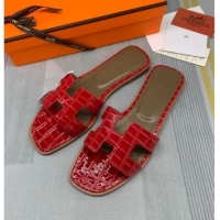 Best Price Hermes Oran Stone Embossed Leather Flat Slide Sandals 0216114 Red