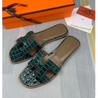 Popular Style Hermes Oran Stone Embossed Leather Flat Slide Sandals 0216114 Dark Green