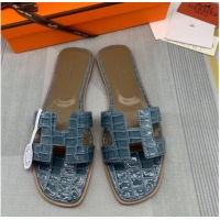 Good Looking Hermes Oran Stone Embossed Leather Flat Slide Sandals 0216114 Light Grey