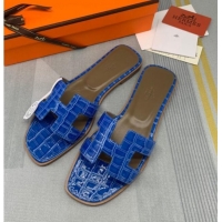 Popular Style Hermes Oran Stone Embossed Leather Flat Slide Sandals 0216114 Blue