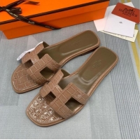 Good Quality Hermes Oran Stone Embossed Leather Flat Slide Sandals 0216114 Dark Apricot