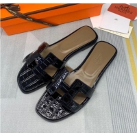 Affordable Price Hermes Oran Stone Embossed Leather Flat Slide Sandals 0216114 Navy Blue