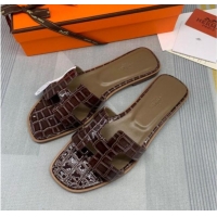 Duplicate Hermes Oran Stone Embossed Leather Flat Slide Sandals 0216114 Coffee Brown