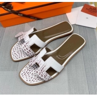 Top Quality Hermes Oran Crocodile Embossed Leather Flat Slide Sandals 0216139 White/Grey