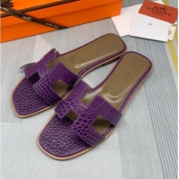 Good Product Hermes Oran Crocodile Embossed Leather Flat Slide Sandals 0216139 Purple