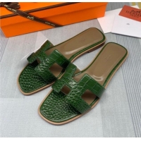 Super Quality Hermes Oran Crocodile Embossed Leather Flat Slide Sandals 0216139 Green