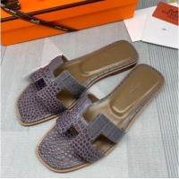 Top Quality Hermes Oran Crocodile Embossed Leather Flat Slide Sandals 0216139 Grey