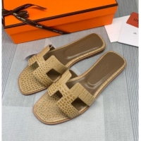 Trendy Design Hermes Oran Crocodile Embossed Leather Flat Slide Sandals 0216132 Light Yellow