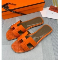 Charming Hermes Oran Crocodile Embossed Leather Flat Slide Sandals 0216132 Orange