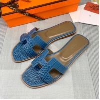 Luxury Hermes Oran Crocodile Embossed Leather Flat Slide Sandals 0216132 Blue