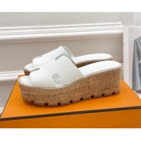 Best Grade Hermes Calfskin Wedge Slide Sandals 030712 White