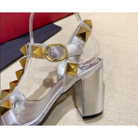 Discount Valentino Roman Stud Calfskin Sandals 9cm 021664 Silver