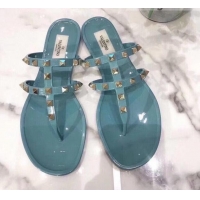 Fashion Valentino PVC Stud Flat Thong Slide Sandals Blue 021692