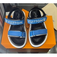 Fashion Louis Vuitton Pool Pillow Flat Comfort Sandals with Velcro Straps Blue 021628