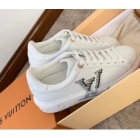 Most Popular Louis Vuitton Time Out Calf Leather Sneakers with Crystal LV White 021947