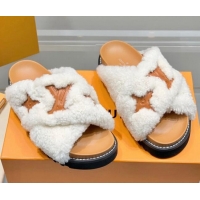 Duplicate Louis Vuitton Paseo Shearling Flat Comfort Slide Sandals White/Brown 030724