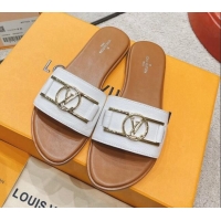 Most Popular Louis Vuitton Lock It Flat Leather Slide Sandals with LV Circle White 030729