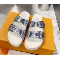 Stylish Louis Vuitton Men's LV Trainer Flat Slide Sandals Silver 030774