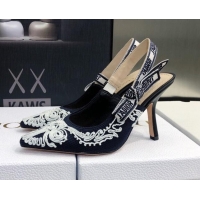 Stylish Dior J'Adior Slingback Pumps 9.5cm in Deep Blue and White Cornely-Effect Embroidery 021906