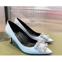 Best Grade Roger Vivier Satin Crystal Buckle Pumps 6.5cm Blue 022121