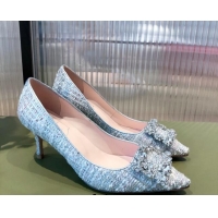 Good Quality Roger Vivier Tweed Crystal Buckle Pumps 6.5cm Blue 022128