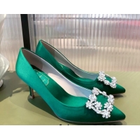 Luxurious Roger Vivier Satin Crystal Buckle Pumps 6.5cm Green 022130