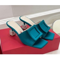 AAAAA Roger Vivier Silk Cube Crystal Medium Heel Slide Sandals 7cm Green 030748