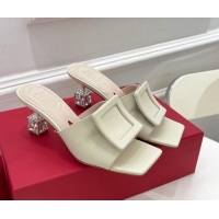 Stylish Roger Vivier Calf Leather Cube Crystal Medium Heel Slide Sandals 7cm White 030750