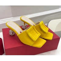 Top Quality Roger Vivier Velvet Cube Crystal Medium Heel Slide Sandals 7cm Yellow 030752