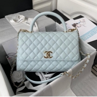 Discount Chanel flap bag with top handle Grained Calfskin gold-Tone Metal A92991 light blue