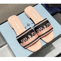 Super Quality Prada Fabric Flat Slide Sandals Pink/Black 032395